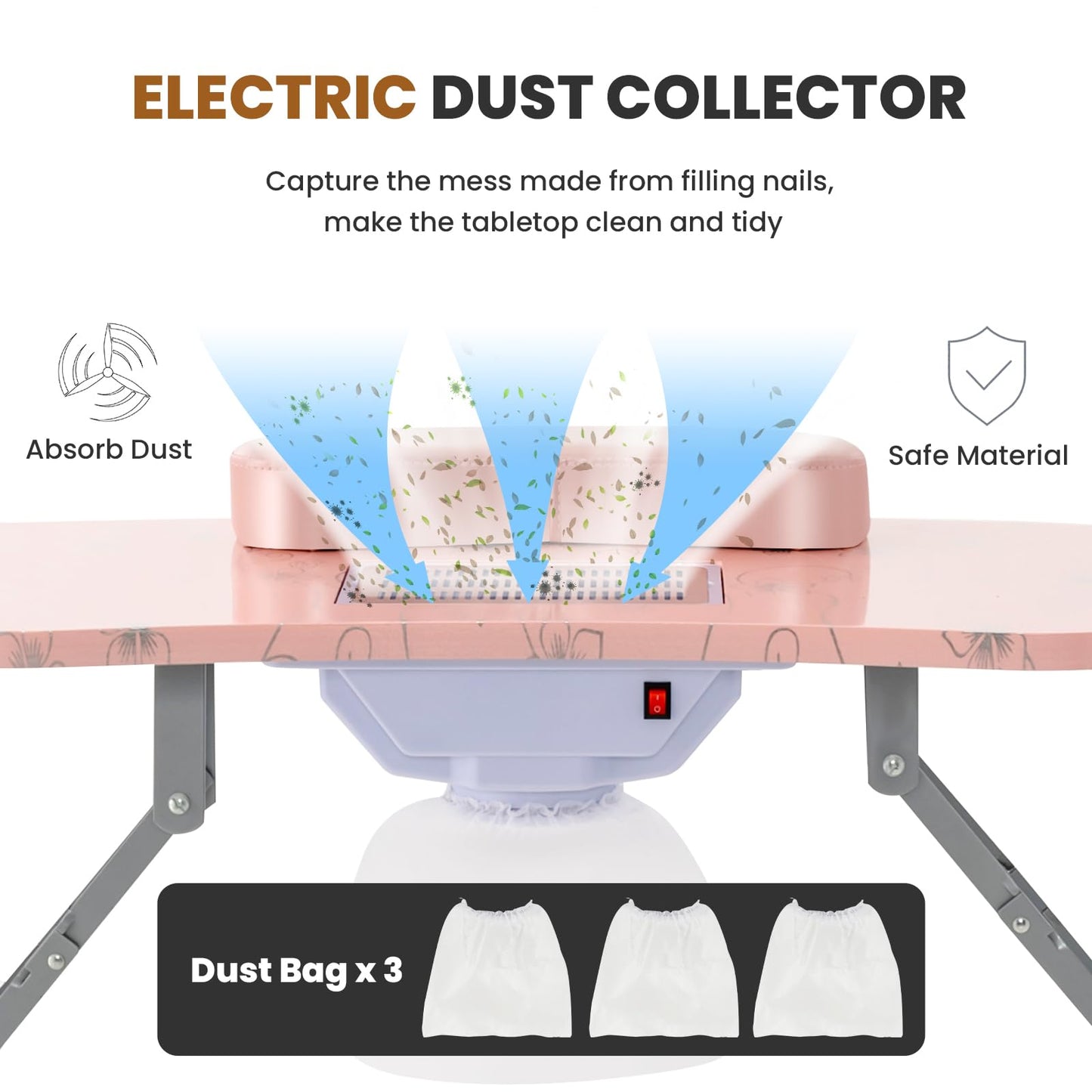 WELLHUT Nail Tech Table Vented Manicure Table w/LED Lamp, Dust Collector, Carry Bag & Soft Cushion, Portable Nail Tables w/Universal Mute Wheels for Nail Lovers Home Spa Beauty Salon