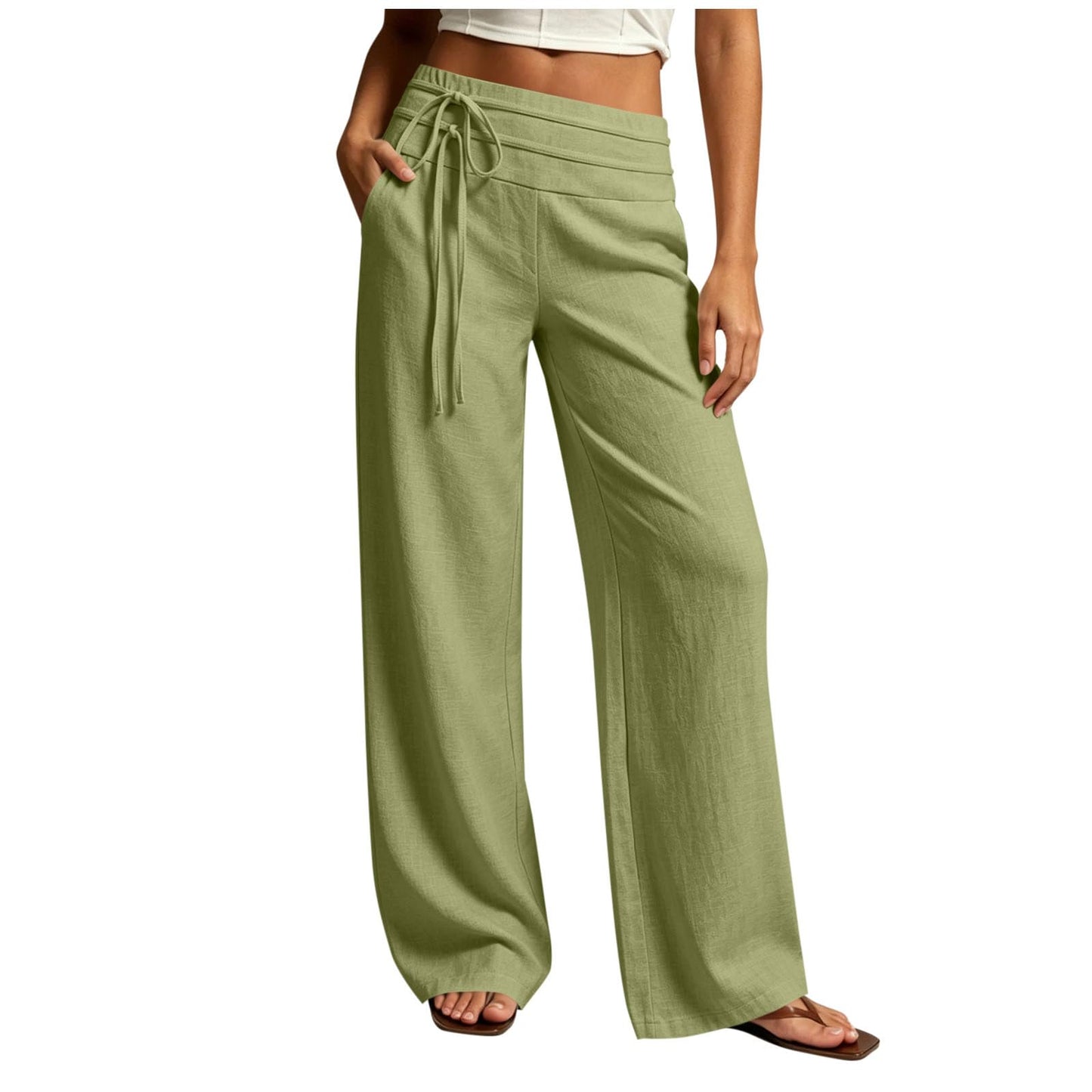 Hvyesh Wide Leg Linen Pants for Women Loose Flowy Palazzo Drawstring Elastic Waist Trousers Summer Beach Vacation Clothes