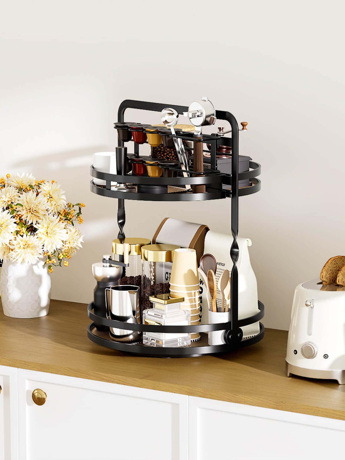 DUANFEE Rotating Makeup Vanity Organizer, 360 Spinning Perfume Organizer for Dresser, 2-Tier Black Bathroom Countertop Organizer, Lazy Susan Skincare Storage, Cosmetic Display with Makeup Brush Holder