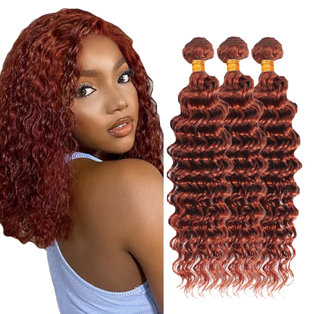 #33 Brown Bundles Human Hair Deep Wave Bundles 24 26 28 Inch Light Brown Unprocessed Brazilian Virgin Hair 3 Bundles Deals Quick Weave Hair Extensions 50 Gram Per Bundle
