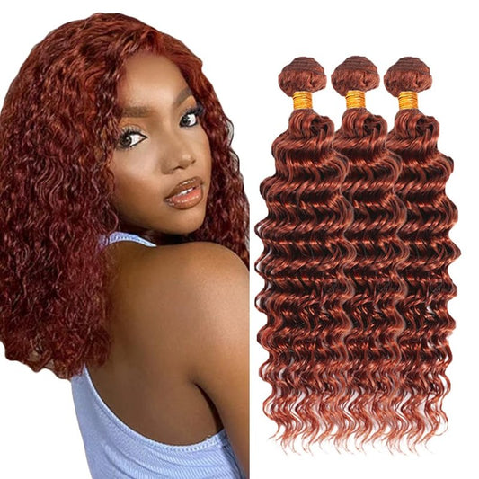 #33 Brown Bundles Human Hair Deep Wave Bundles 24 26 28 Inch Light Brown Unprocessed Brazilian Virgin Hair 3 Bundles Deals Quick Weave Hair Extensions 50 Gram Per Bundle