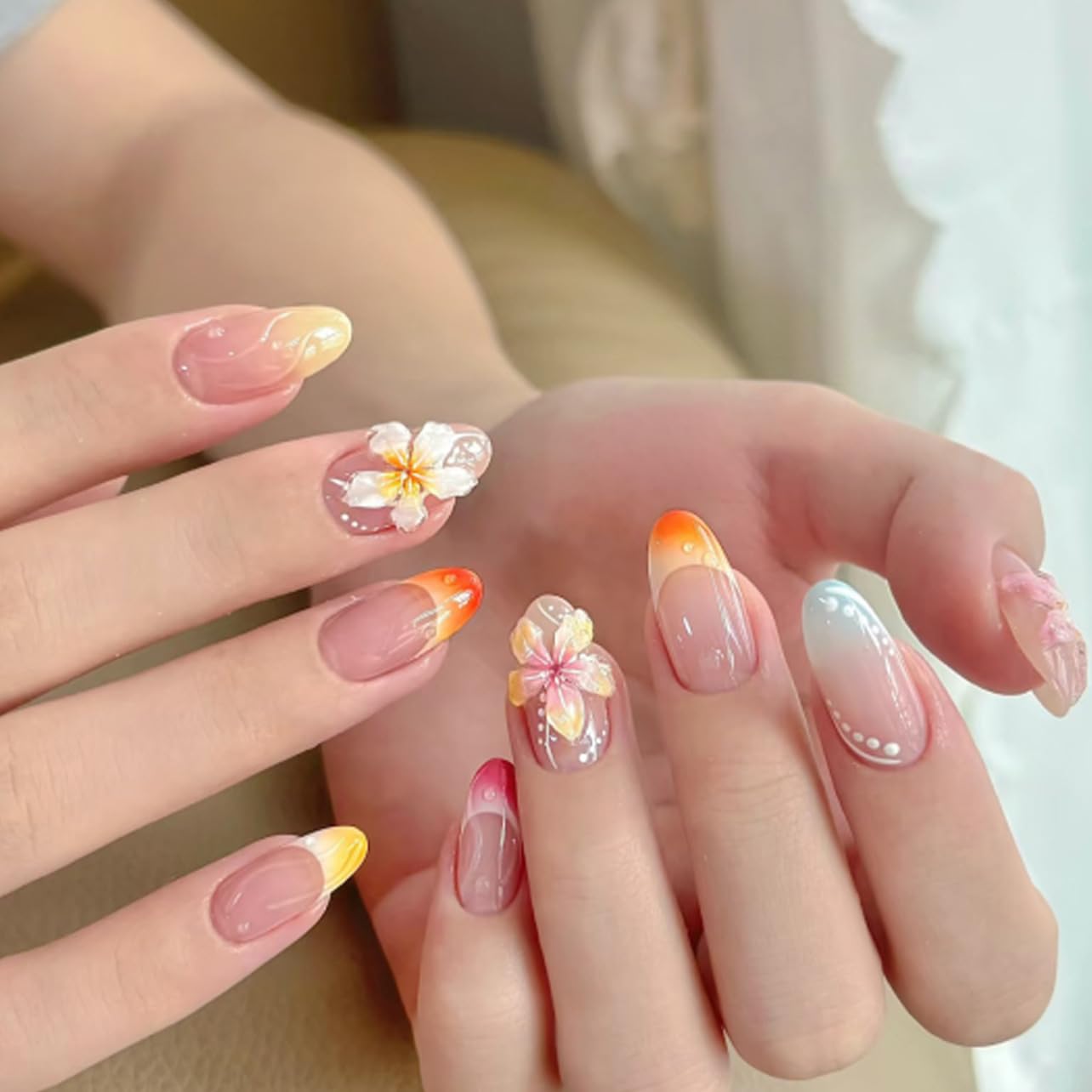 3D Gold Line French Tip Press-On Nails - Short Almond Glitter Light Nude | Handmade Acrylic Nails with 3D Pearl Designs