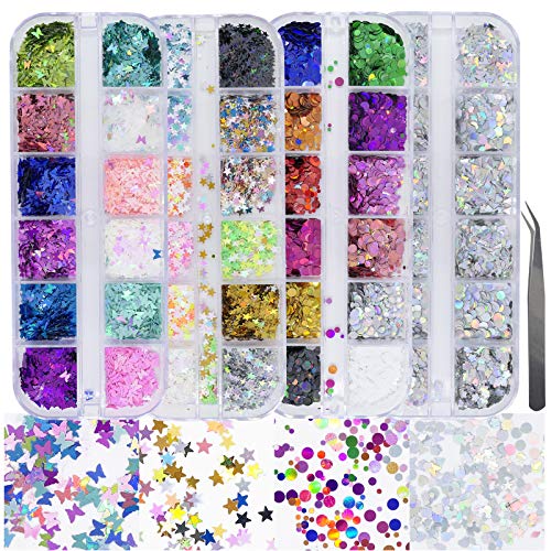 AddFavor Style A Holographic Nail Sequins Kit with Butterfly, Star, Hearts & More - Iridescent Nail Art Decorations, 4 Boxes