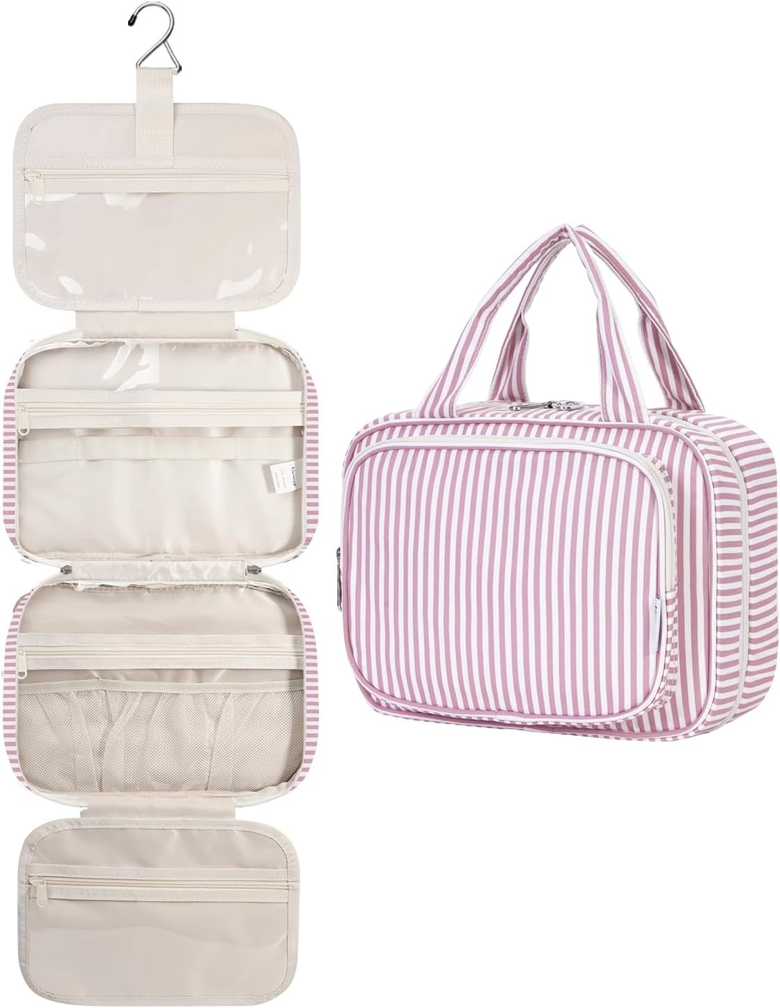 Striped Hanging Toiletry Bag for Women - Travel Makeup Organizer | Medium Dusty Pink Stripe