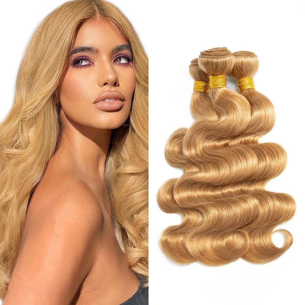 28 30 32 Inch #27 Honey Blonde Bundles Human Hair 3 Bundles Brazilian Remy Hair 50 Grams/Bundle 10A Grade Unprocessed Virgin Hairs Blonde Body Wave Bundle Weaves Extensions