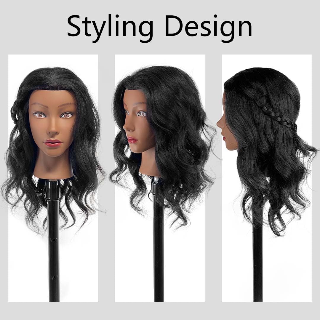 Mannequin Head - 100% Real Human Hair Cosmetology Practice Doll | 16 Inch with Clamp Holder & Tools