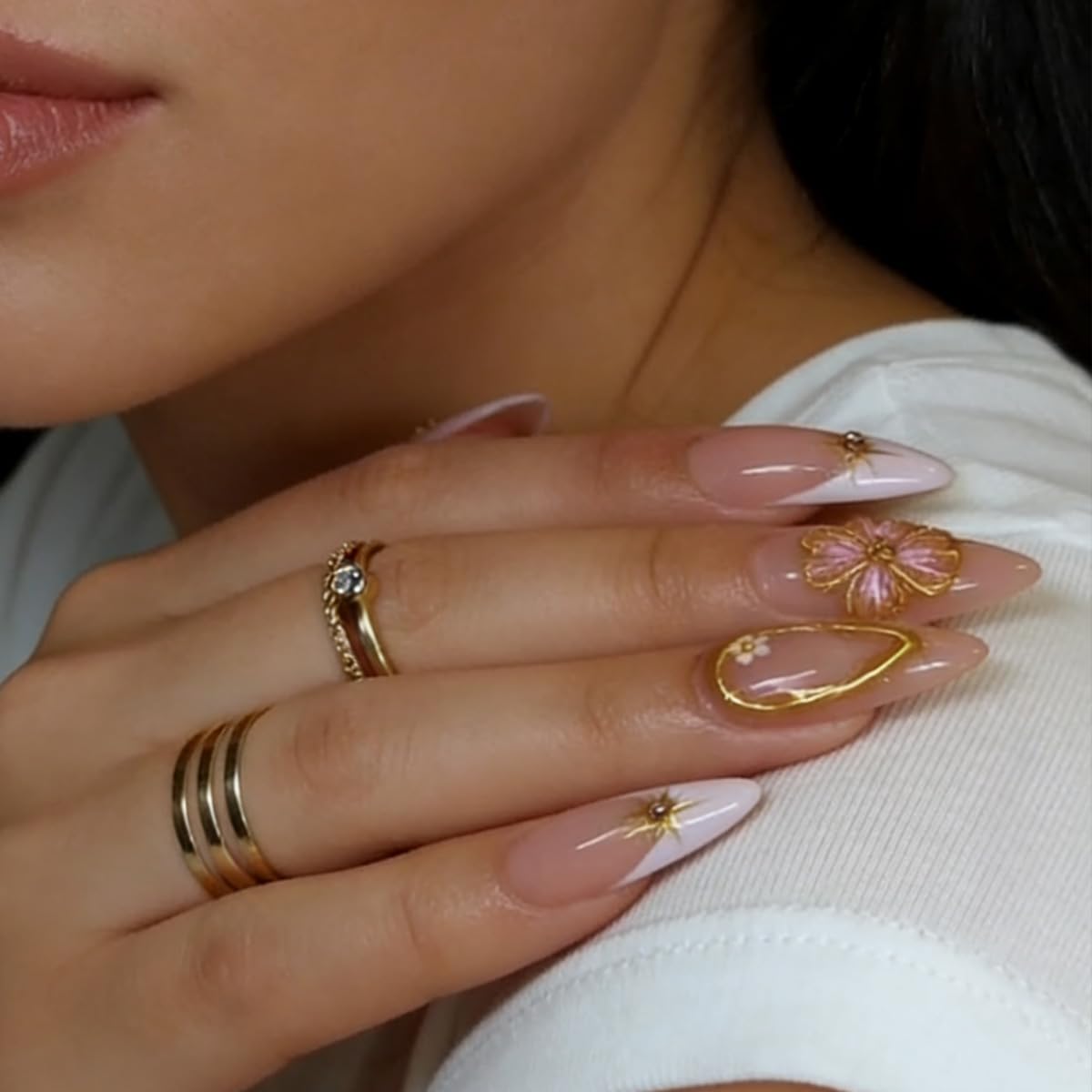 Almond Press On Nails - 24pcs Short Artificial False Nails with Simple Style Designs, Glossy Glue On Stick On Nails for Women's Manicure