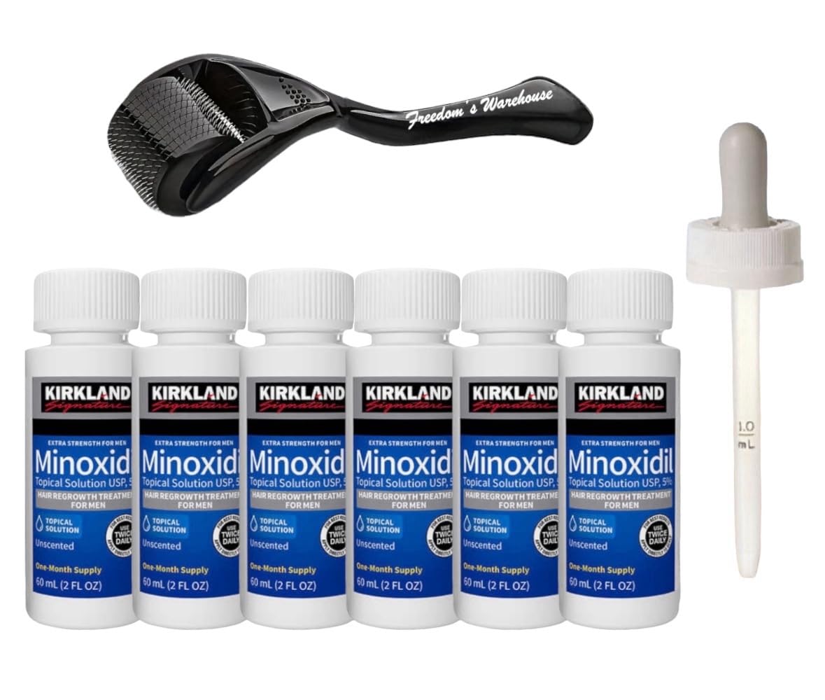 (6 Pack) Kirkland Minoxidil for Men Hair Regrowth Treatment, Liquid Extra Strength 5% Topical Solution, 6 Months Supply - Dropper Applicator and Microneedle Roller Included - Minoxidil Kirkland