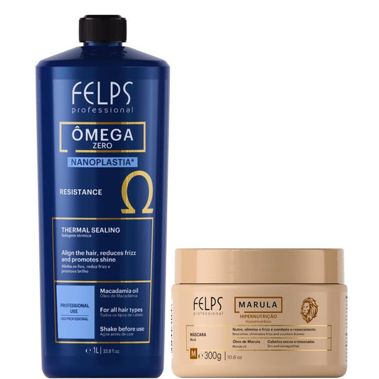 Kit Felps Professional Omega Zero Nanoplastia Brazilian Keratin Hair Straightening Treatment 1L with Marula Hyper-Nourishing Hair Mask 300g, Formaldehyde Free