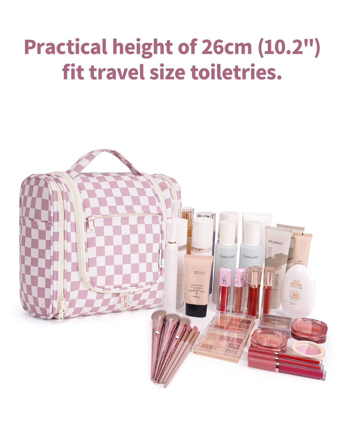 Narwey Large Hanging Toiletry Bag for Women Travel Makeup Bag Organizer Toiletries Bag Dry Wet Separation for Cosmetics Essentials Accessories (Dusty Pink Checkerboard)