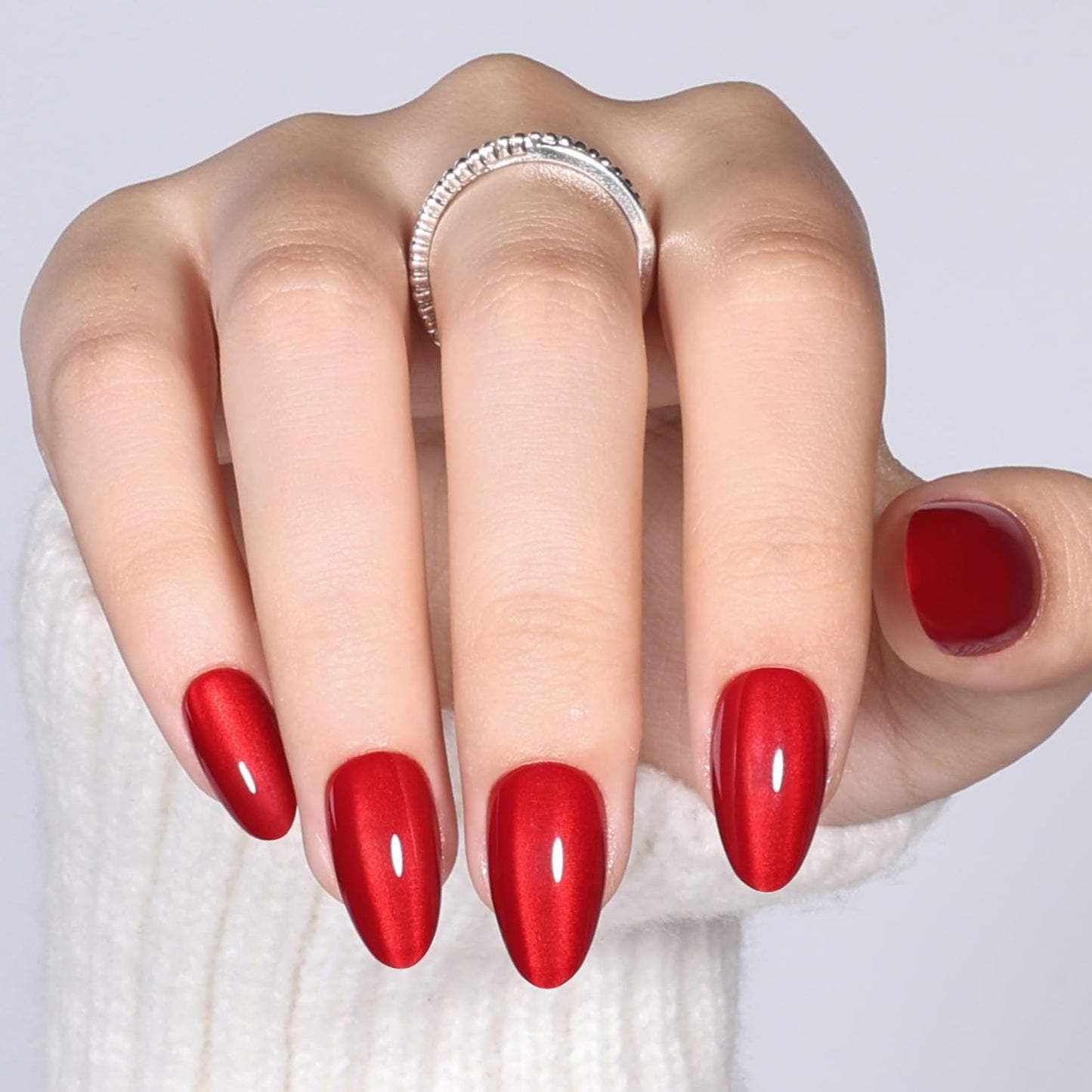 Red Cat Eye Press On Nails - Almond Short Reusable Fake Nails | 32pcs in 16 Sizes, Garnet Color