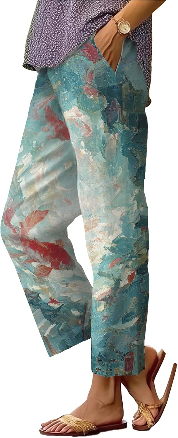 Womens Plus Size Floral Boho Capris - Elastic Waist Beach Trousers | Casual Summer Pants