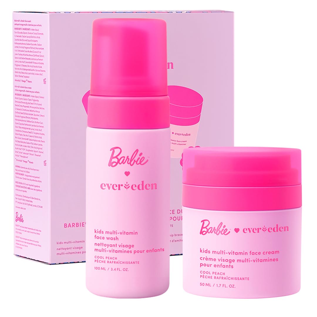 Barbie Limited Edition Kids Happy Face Duo - Multi-Vitamin Face Wash & Cream Set with Stickers | Clean Skin Care for Ages 3+