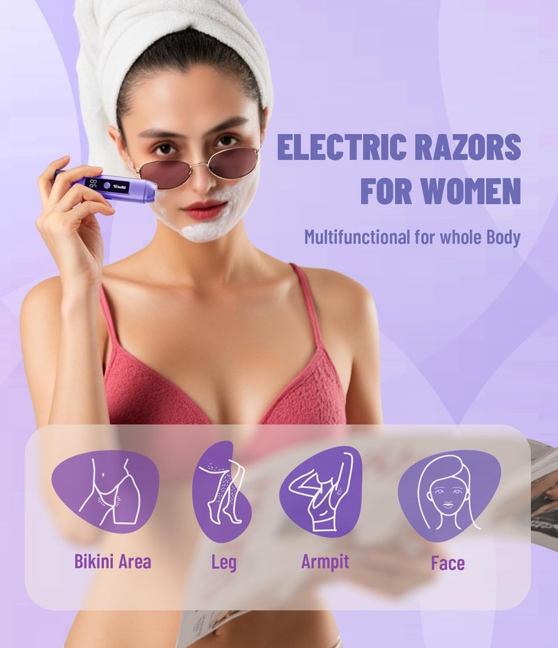 Dynooper Electric Bikini Trimmer for Women: IPX7 Waterproof Dual Head Cordless Electric Shaver for Women with LED Display & 0.5mm Ceramic Blades for Pubic Hair, Face, Legs - Cobalt Blue
