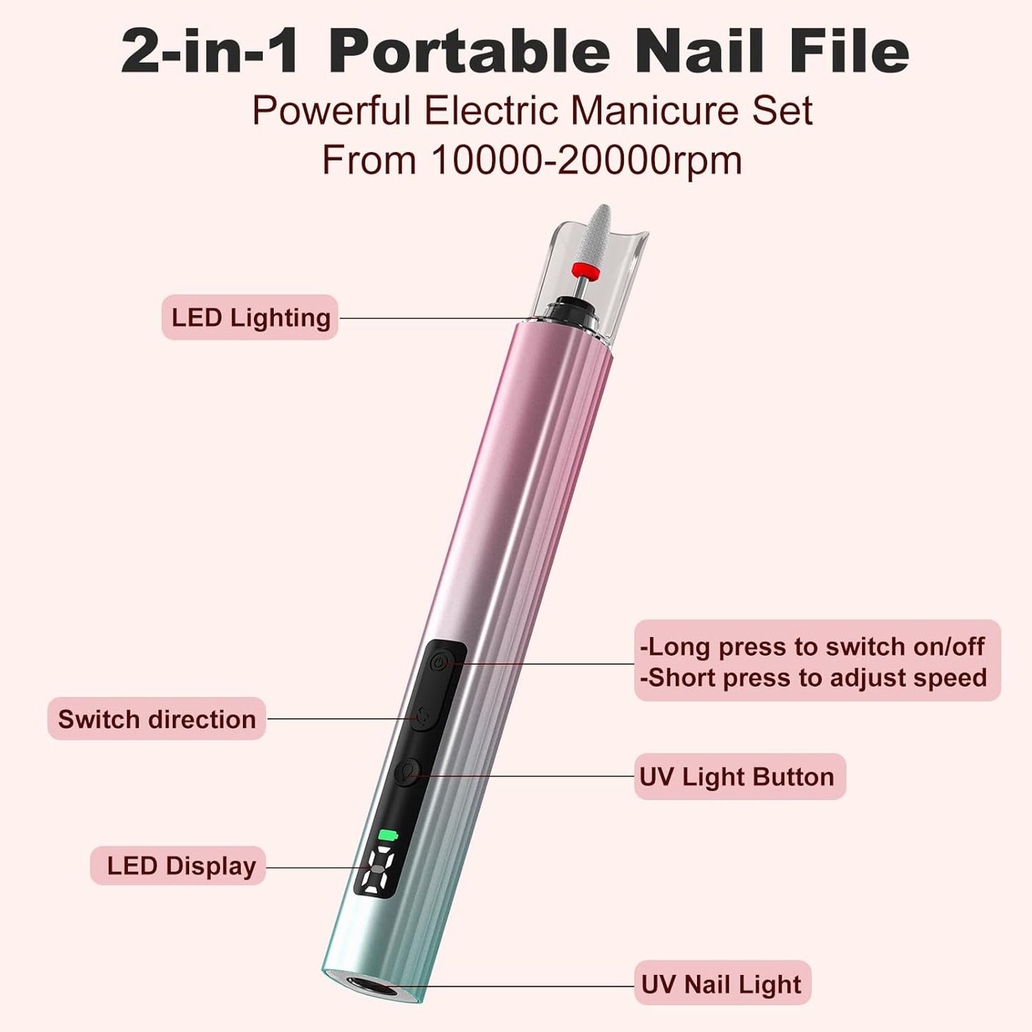 Cordless Electric Nail File Drill - 5 Speed Rechargeable Manicure & Pedicure Kit | UV Light, Portable, for Human & Pet Nails, Grey