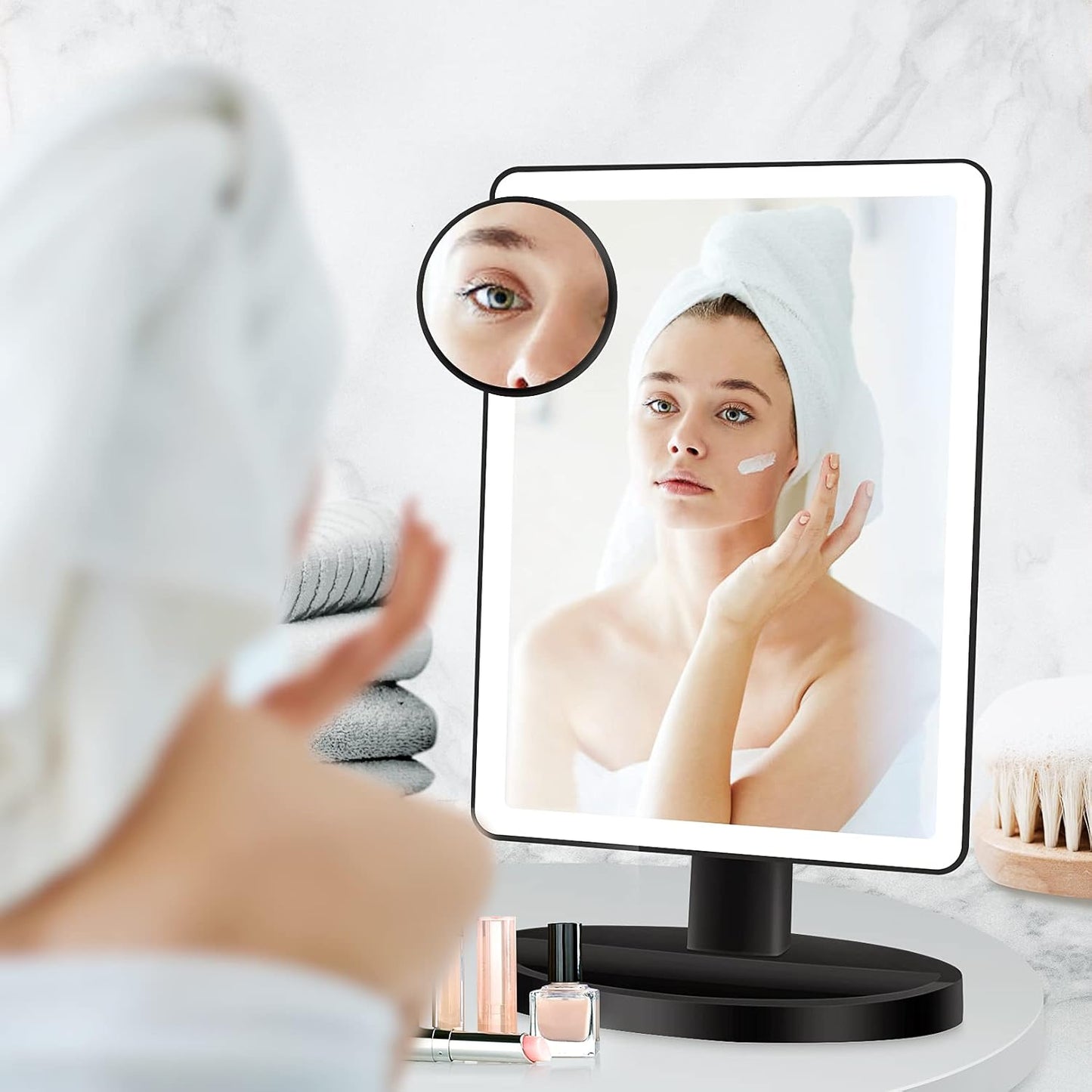 Large Lighted Makeup Mirror - 3 Color Modes, 88 LED, 10X Magnification | 360° Rotation, Touch Screen (Black)