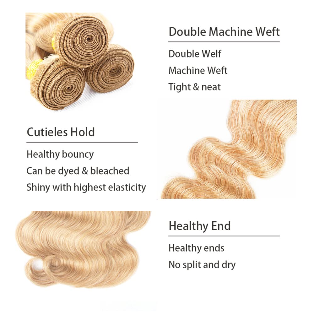P27/613 Blonde Bundles Human Hair Body Wave Bundles 22 24 26 Inch Highlight Blonde Unprocessed Brazilian Virgin Hair Deals Quick Weave Hair Extensions 3 Bundle 50 Gram Per Bundle For Woman