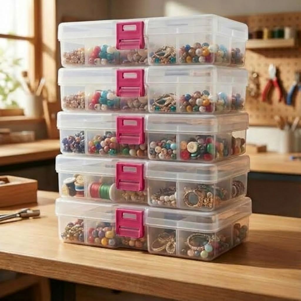 40-Grid Plastic Organizer Boxes - Waterproof Stackable Storage for Jewelry, Crafts, Nails & Fishing Tackle | 4 Pack (Pink)