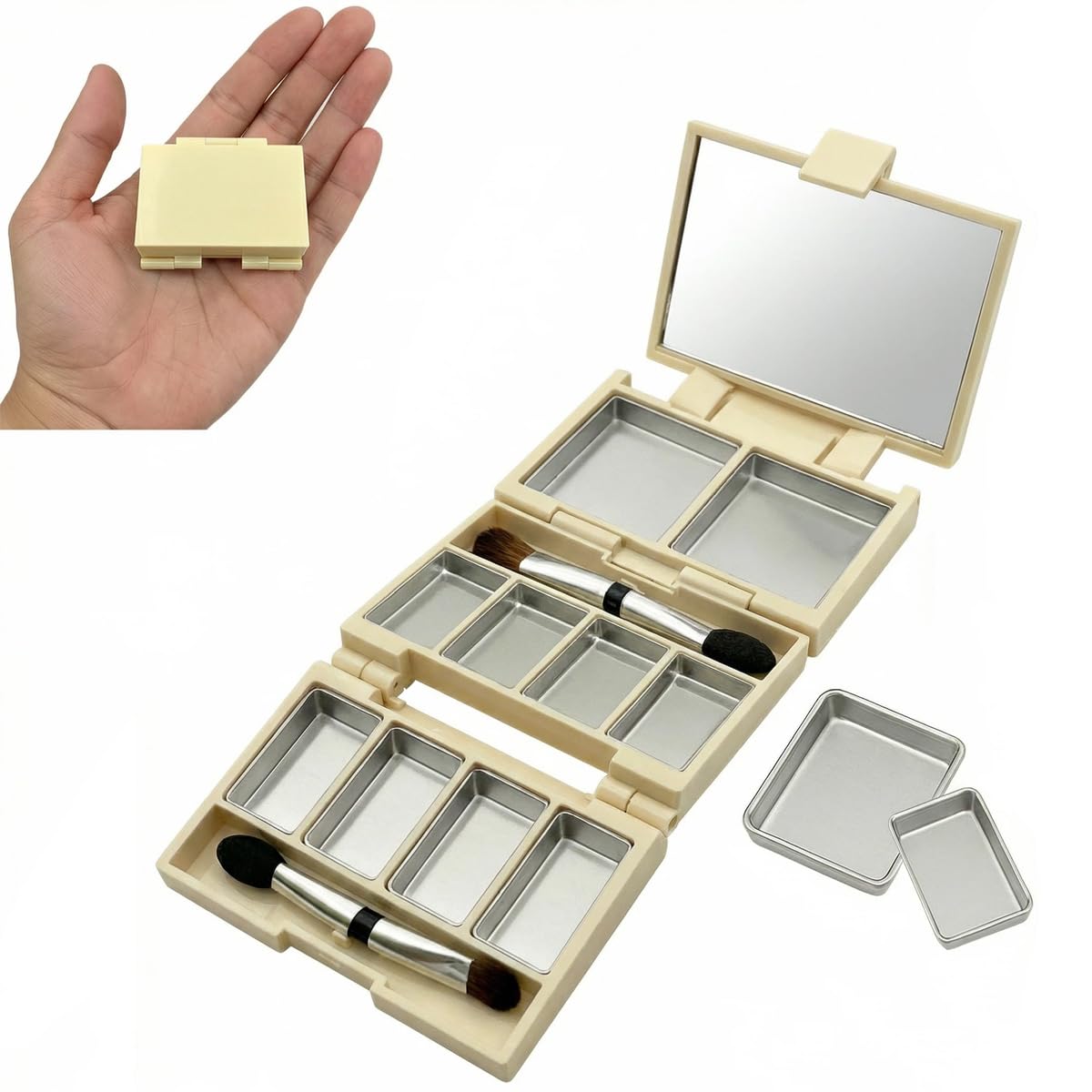 Foldable Magnetic Makeup Palette - 3-Layer DIY Travel Kit with Mirror | Compact Pink Cosmetic Organizer, 10 Pans & Brushes