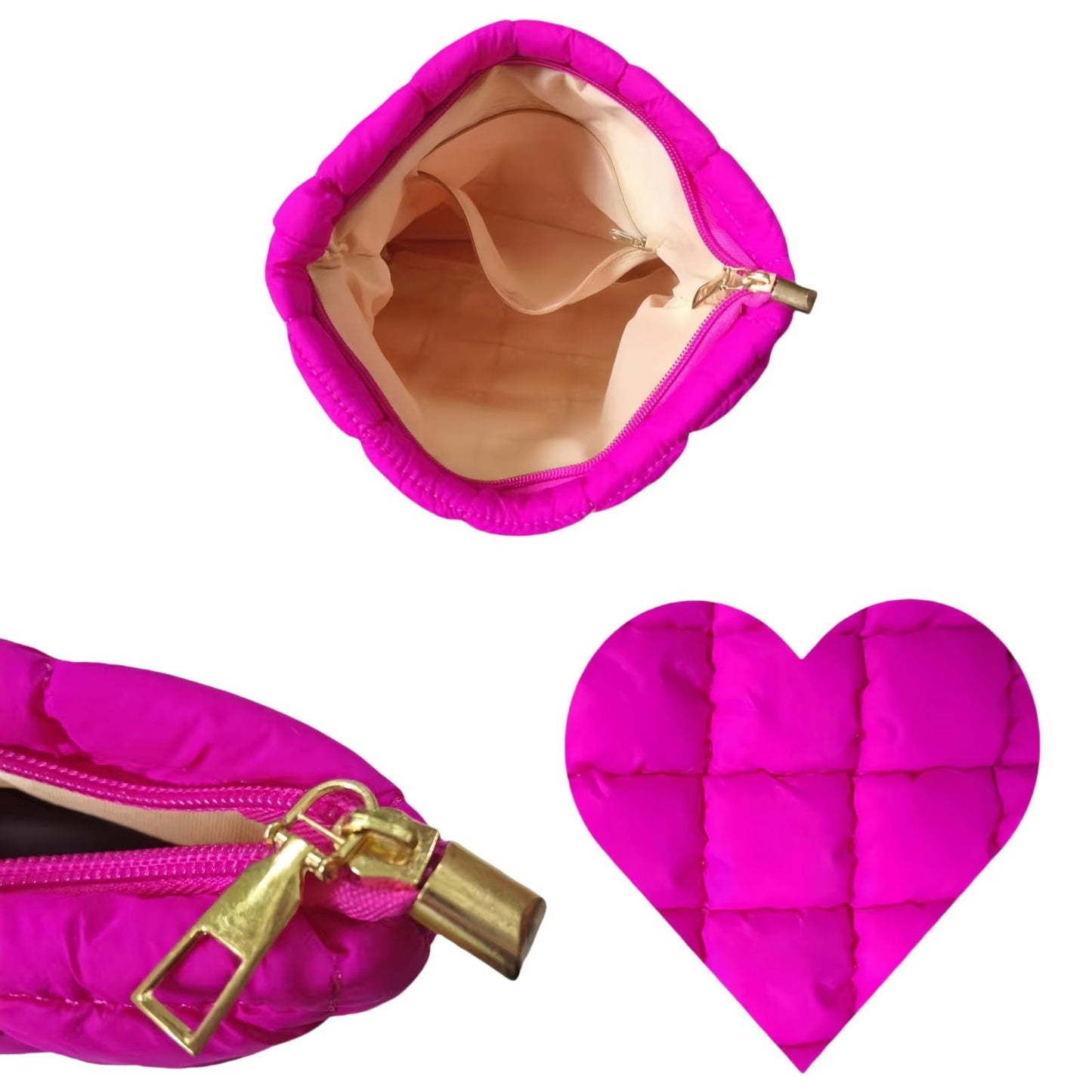 CECKQUE Soft Checkered Quilted Puffy Makeup Bag for Women, Aesthetic Puffer Cosmetic Bag Pouch for Purse (Hot Pink)