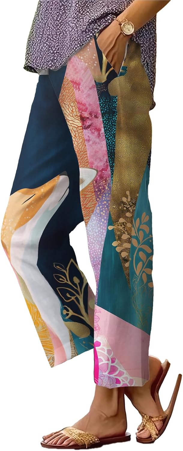 Womens Plus Size Floral Boho Capris - Elastic Waist Beach Trousers | Casual Summer Pants