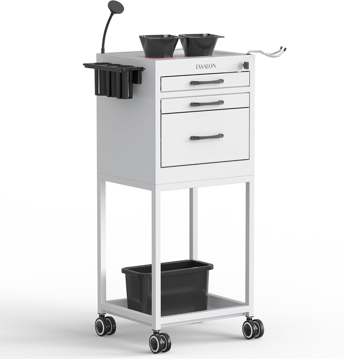 TASALON Salon Trolley Cart - Lockable Metal Rolling Organizer with Drawers & Phone Holder | Black