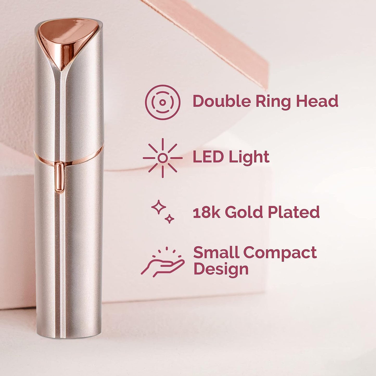 innobeaut Women's Painless Hair Remover for Women, Battery Powered Facial Hair Shaver for Lips, Chin, Neck, and Cheek with 2 Replacement Heads, Rose Gold