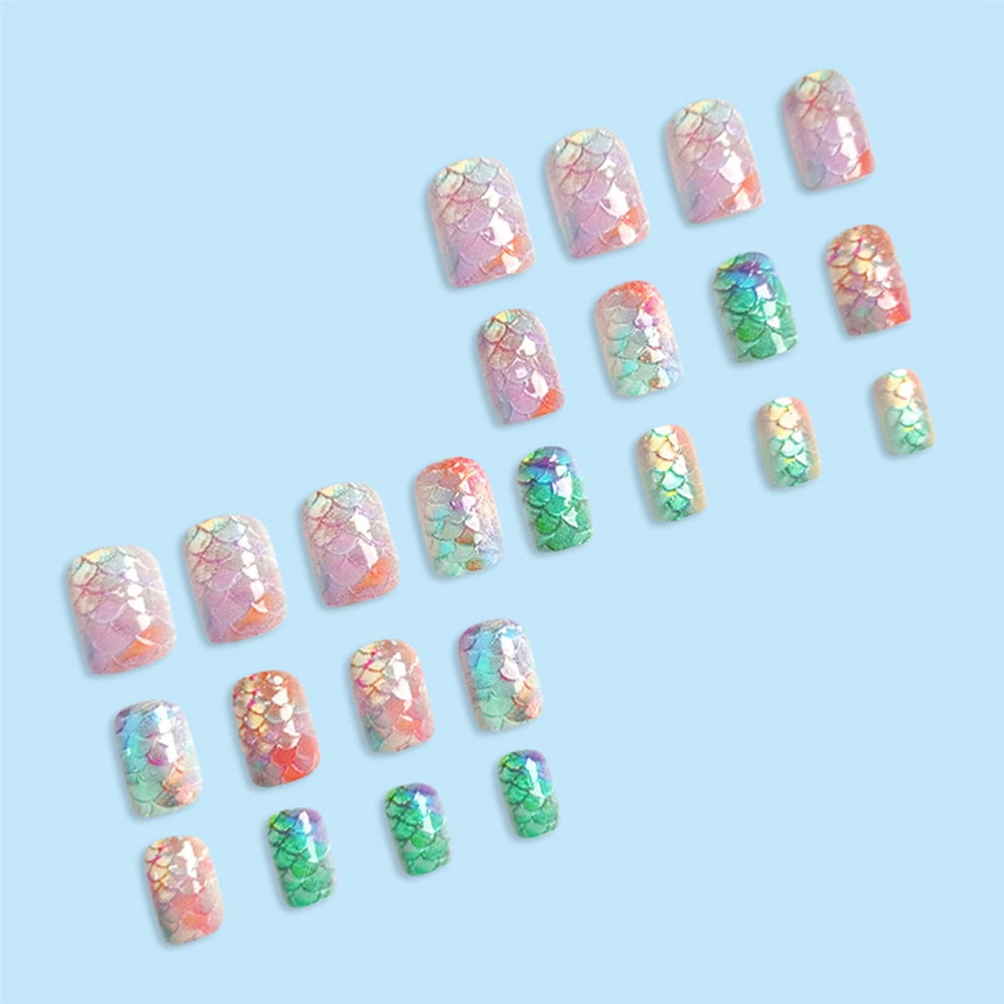Mermaid Press on Nails Short Square, Gradient Colorful Fake Nails with 3D Fish Scales Design Summer Vacation False Nails, 24Pcs Glossy Reusable Artificial Stick on Nails for Women Manicure