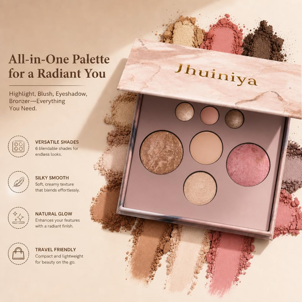 Ihuiniya 7 Colors Baked Makeup Palette, All in One Eyeshadow, Blush, Highlighter and Bronzer, Neutral Warm Tones, Natural Finish, Travel-Friendly Compact (PINK-7Color)