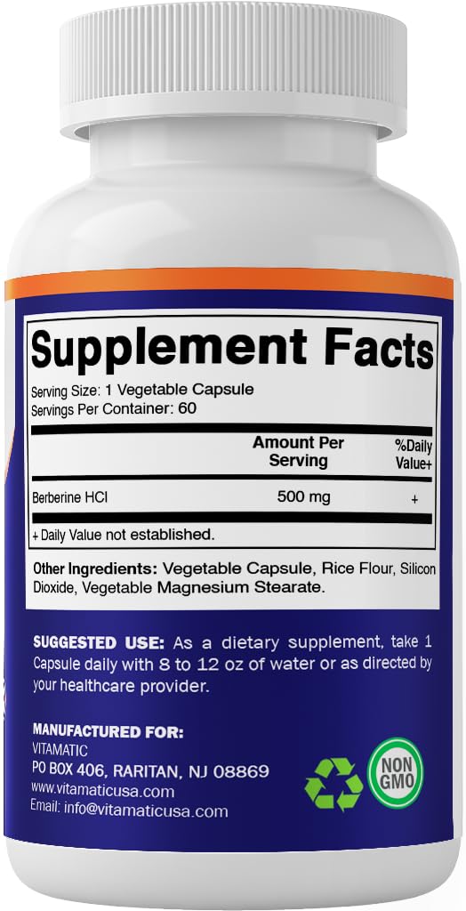 Vitamatic Berberine Supplement 500mg - 60 Vegetable Capsules - Made in the USA - Gluten Free - Non-GMO (3 Bottles)