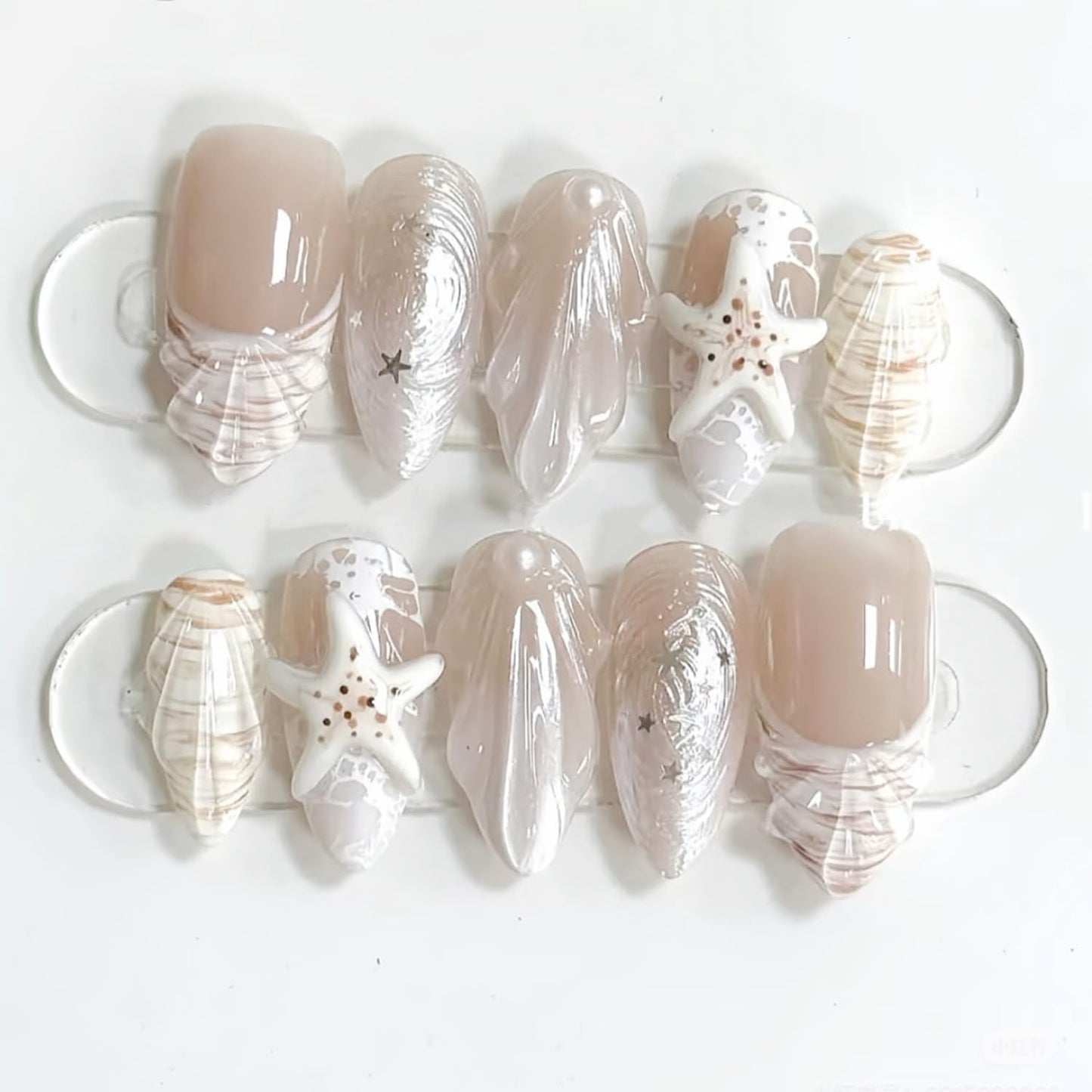 Summer Beach Press-On Nails Set - 24Pcs Medium Almond Floral Design with 3D Starfish & Seashell | Full Cover Ocean Manicure for Women