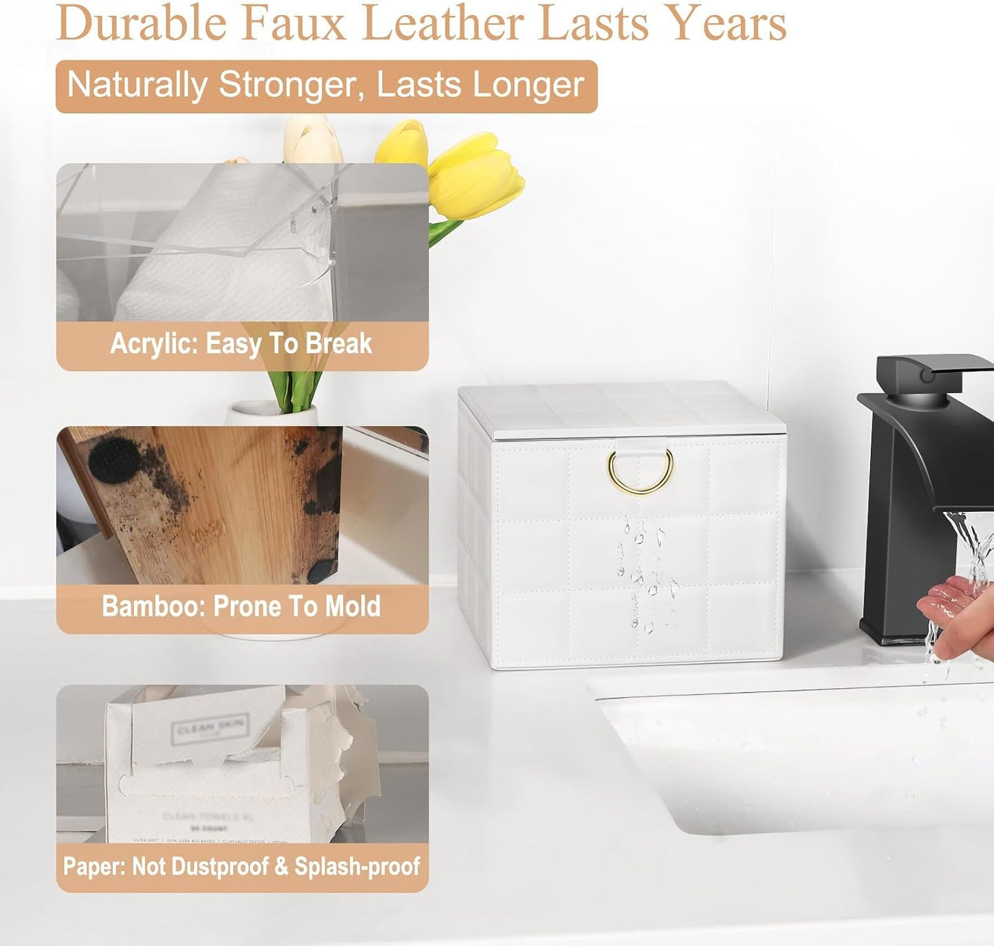 Disposable Face Towel Holder Box - White PU Leather Organizer for XL Clean Skin Towels | Bathroom Storage Solution
