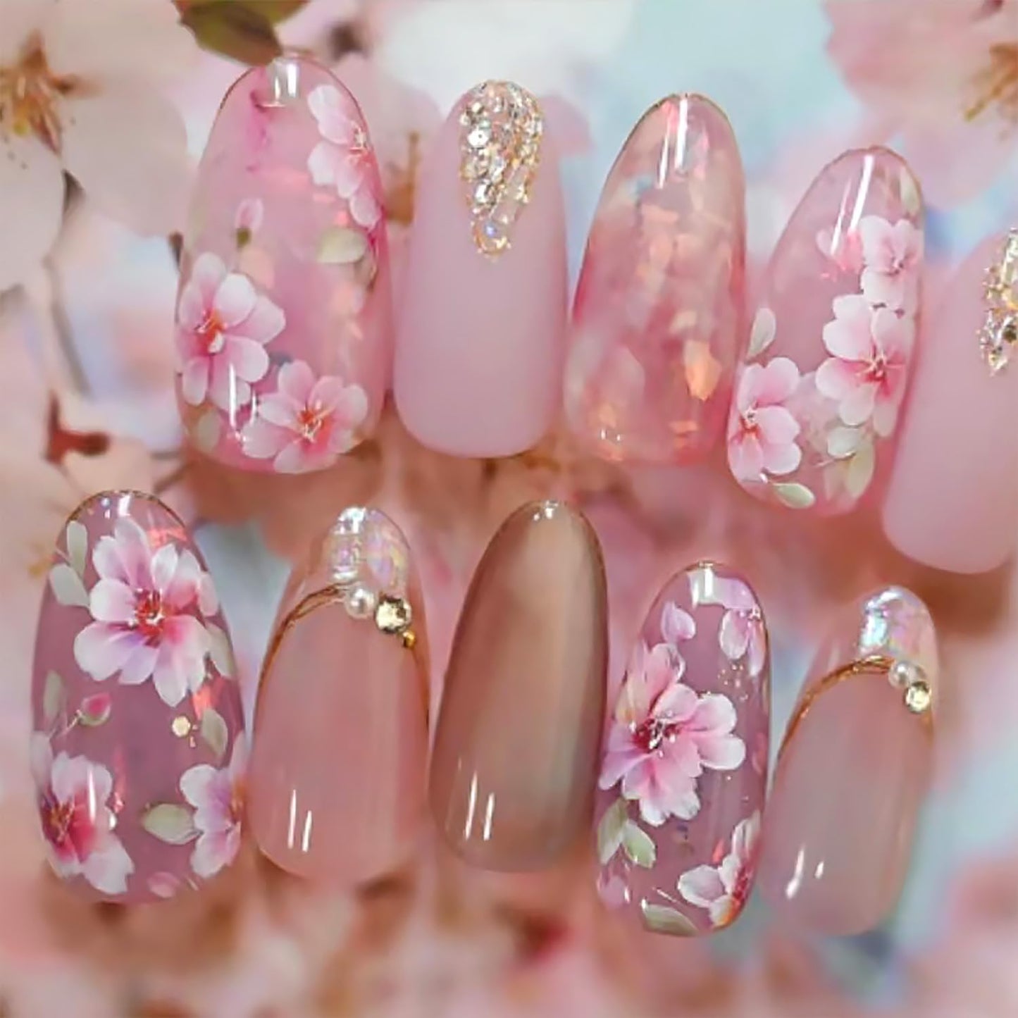 Blue Flower Press-On Nails - Medium Almond French Tip with Bow Design | Glossy Full Cover for DIY Manicure