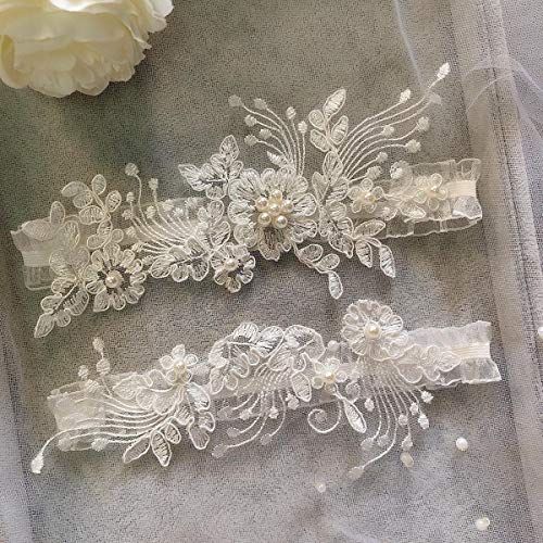JWICOS White Bridal Garter Set 2pcs Wedding Lace Garter Belt for Women