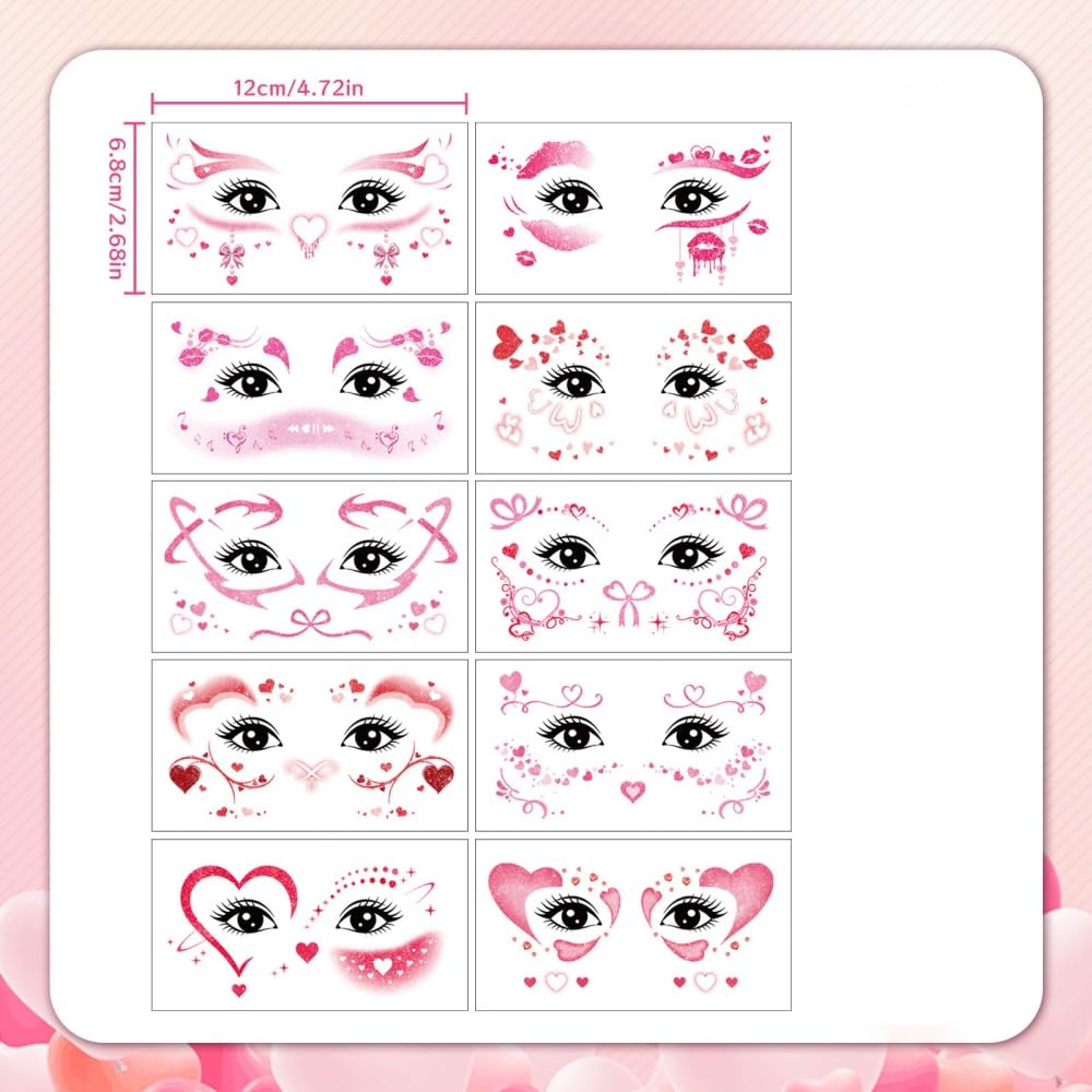 Mother's Day Temporary Tattoos Hearts Bow Blush Face Tattoos Mixed Styles Cartoon Pink Red Love Bowknot Eye Fake Tattoos Cute Stickers Waterproof Face Stickers for Body Art Makeup 10 Sheets