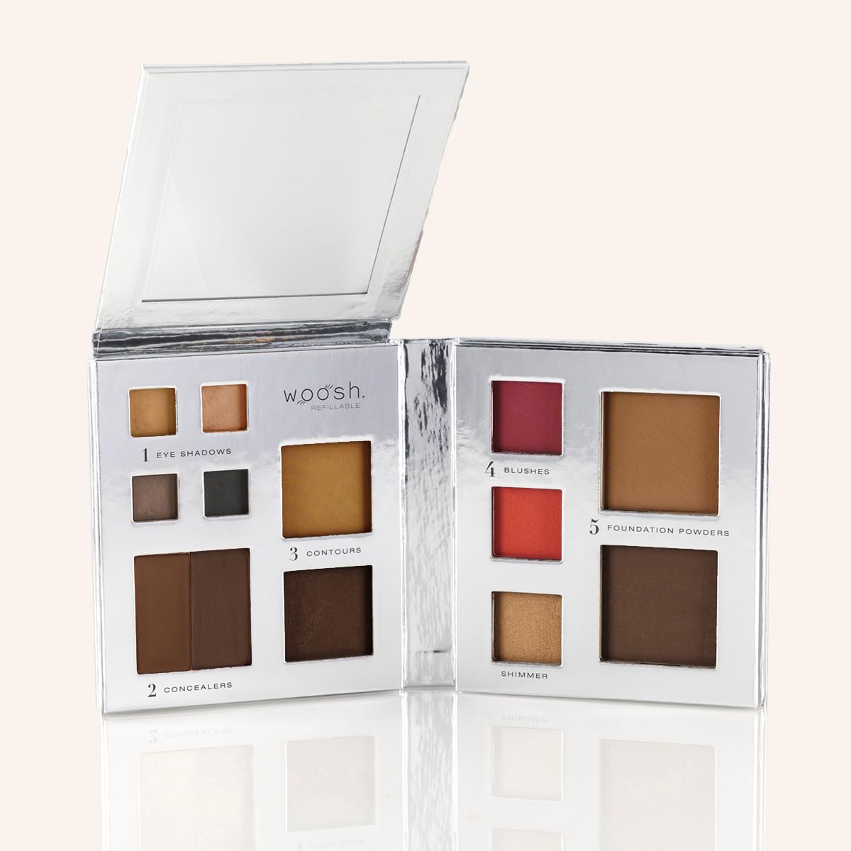 Woosh Beauty Fold Out Face Refillable Makeup Palette - All-in-One Kit with Foundation, Concealer, Blush & Eyeshadow | Silver