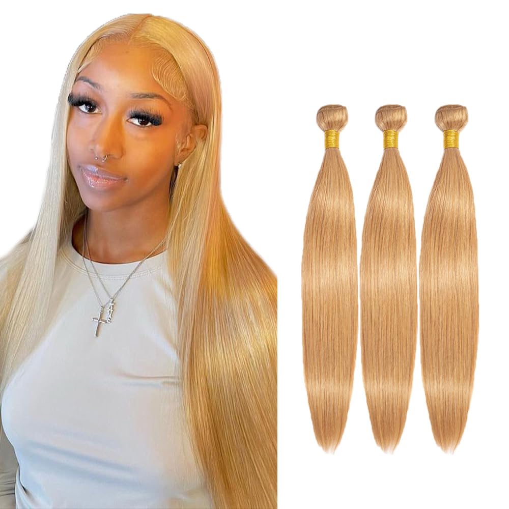 22 22 22 Inch #27 Honey Blonde Bundles Human Hair Straight 3 Bundles Brazilian Remy Hair 50 Grams/Bundle 10A Grade Unprocessed Virgin Hairs Blonde Straight Bundle Weaves Extensions