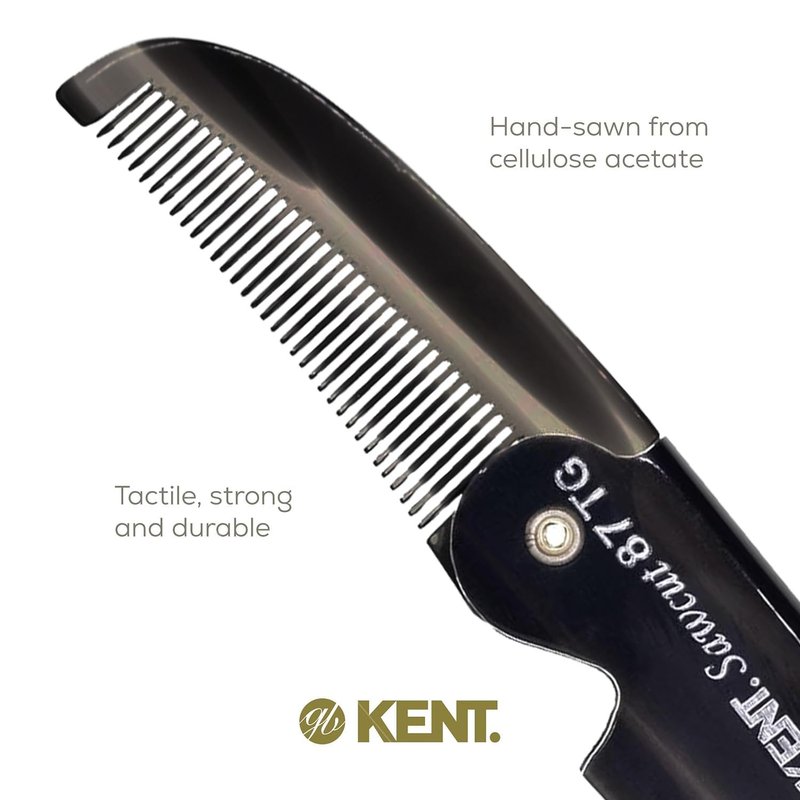Kent 87T TW Handmade Folding Pocket Comb for Men, Fine Tooth Hair Comb Straightener for Everyday Grooming Styling Hair, Beard or Mustache, Use Dry or with Balms, Saw Cut Hand Polished, Made in England