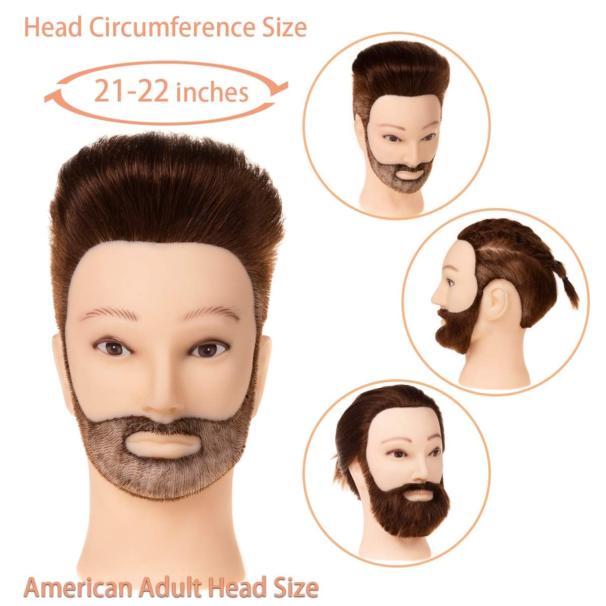 Male Mannequin Head - 14” Barber Training Head with 100% Human Hair | Dark Brown Hairdresser Manikin for Styling Practice