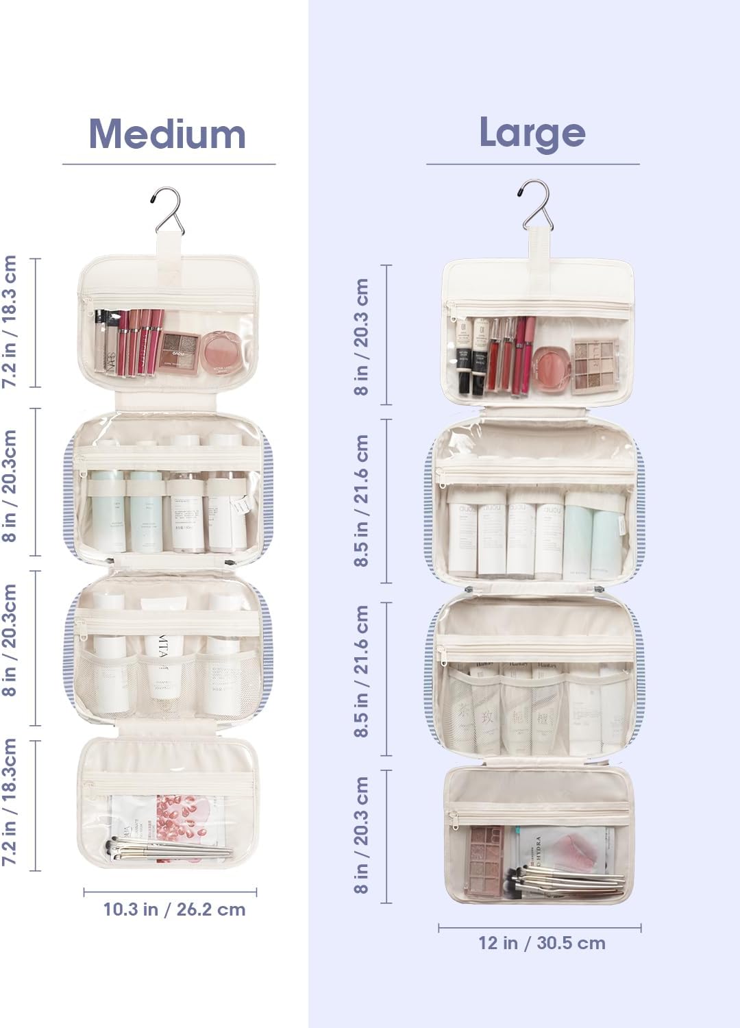 Narwey Hanging Toiletry Bag for Women - Travel Makeup Organizer | Medium Greyish Blue Stripe
