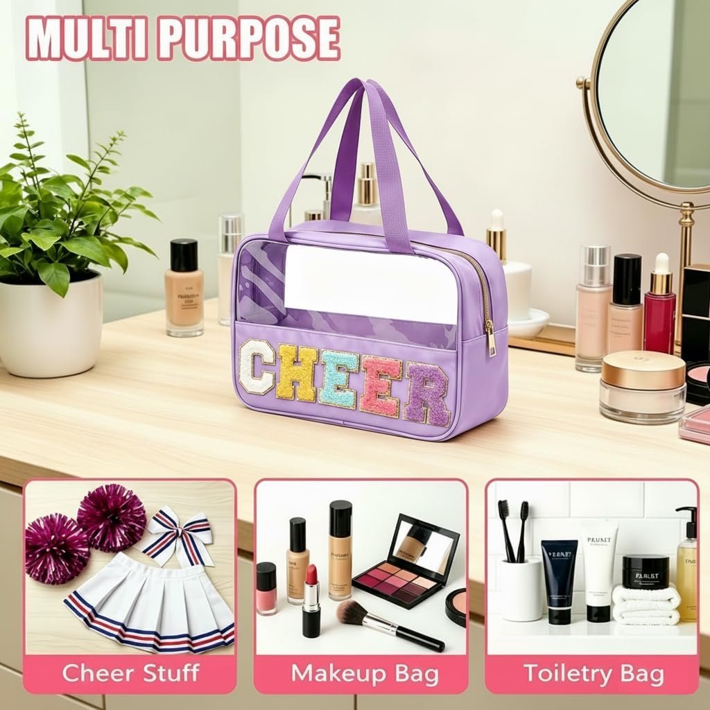Cheer Makeup Bag - Chenille Letter Patch Clear Cosmetic Organizer | Waterproof Nylon Travel Toiletry Bag for Cheerleaders