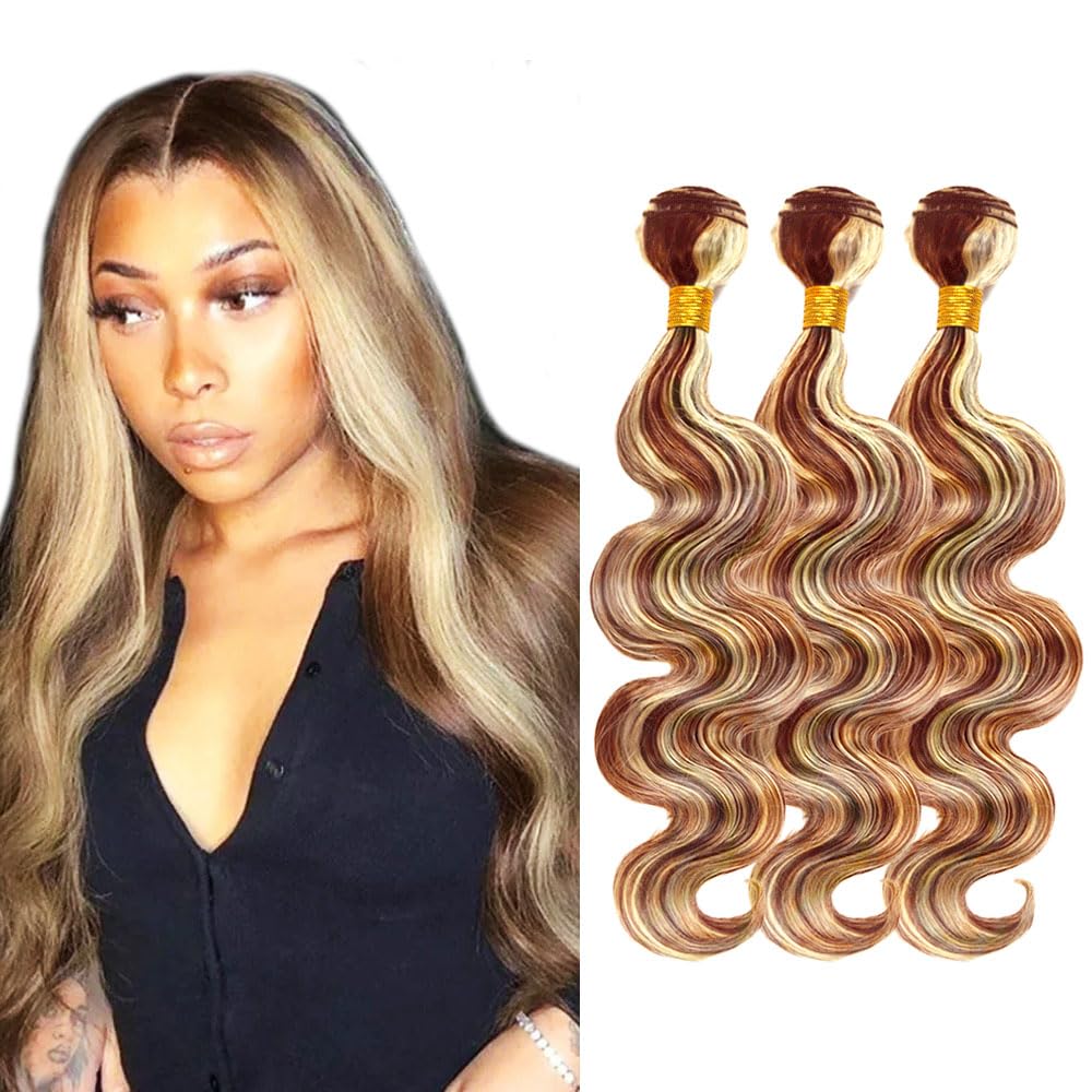 P30/613 Hilight Brown Bundles Human Hair Body Wave Bundles 22 24 26 Inch Blonde Body Wave Bundles Unprocessed Brazilian Virgin Hair Deals Quick Weave Hair Extensions 3 Bundle 100 Gram Per Bundle
