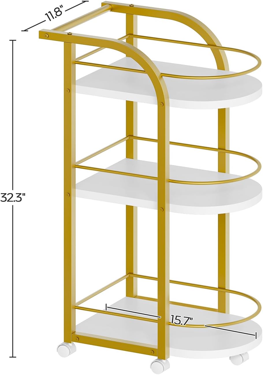 3-Tier Bar Cart - Home Serving Cart with Wheels & Fence | White & Gold Finish for Dining Room, Living Room, Garden