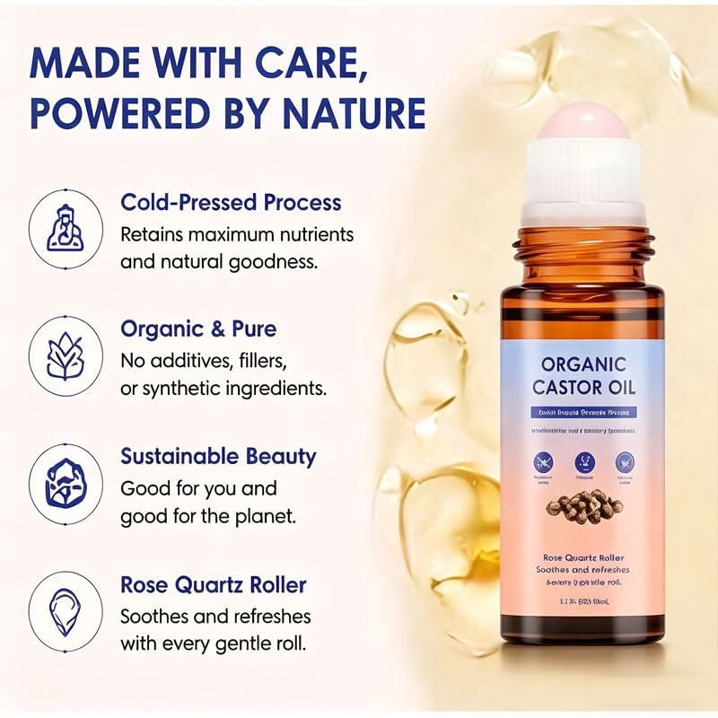 Organic Castor Oil Roller Ball - Cold-Pressed Essential Oil for Face, Hair & Eyebrows | Natural Hydration | 3-Piece Set