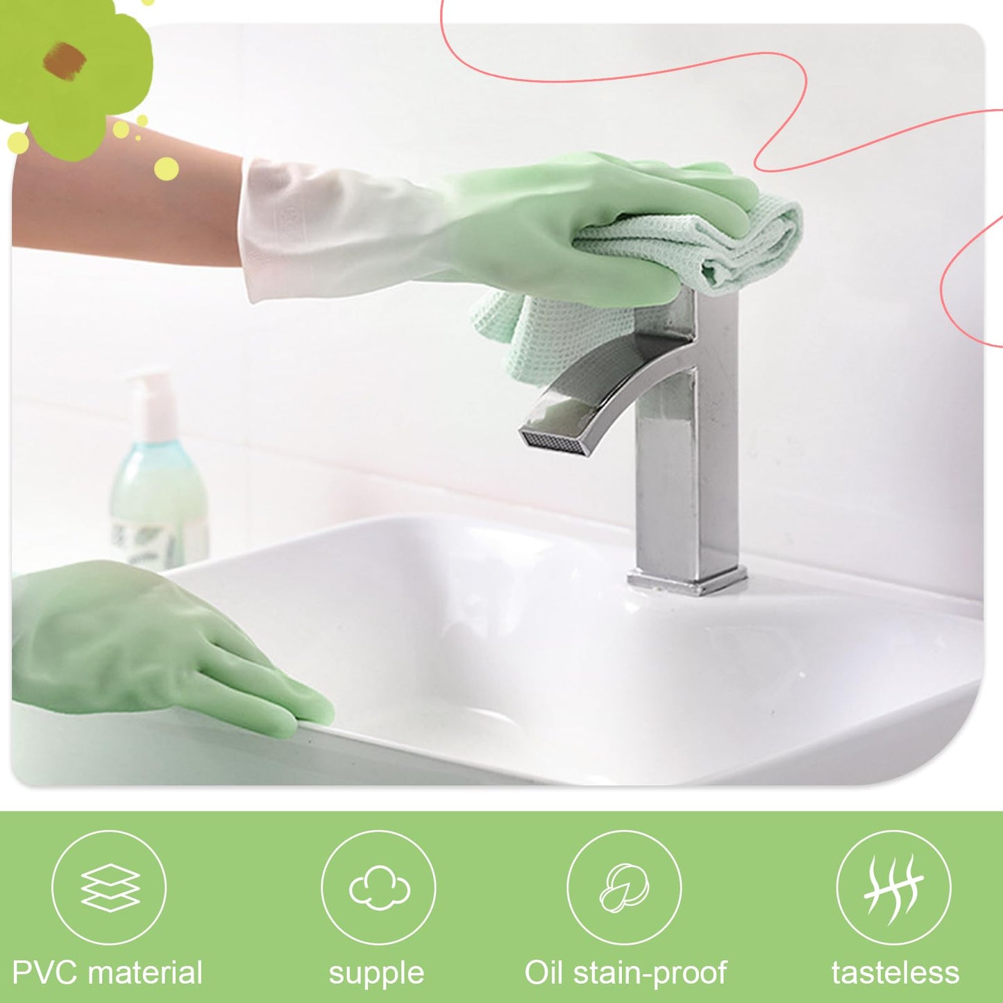 Long Cuff Cleaning Gloves Waterproof Reusable Household Gloves Anti Slip Grip for Kitchen Dishwashing Bathroom Garden Tasks (Green, L)