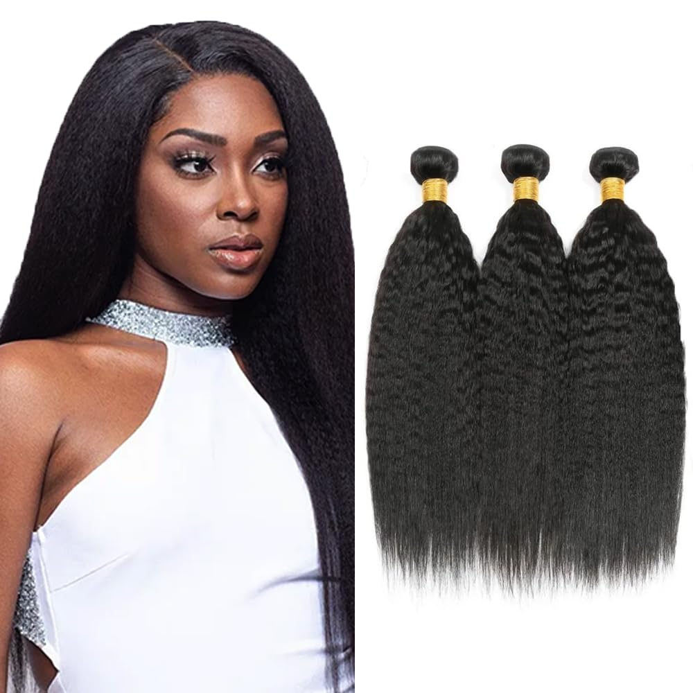 #1B Human Hair Bundles Natural Color Kinky Straight Bundles 24 26 28 Inch Balck Yaki Straight Bundles Unprocessed Brazilian Virgin Hair 3 Bundle 50 Gram Per Bundle Deals Quick Weave Hair Extensions