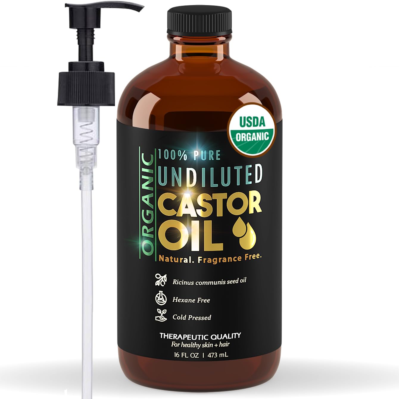 Organic Castor Oil for Skin Hydration - 100% Pure, Cold Pressed, Hexane Free | 16 oz Glass Bottle for Hair & Eyelashes Growth