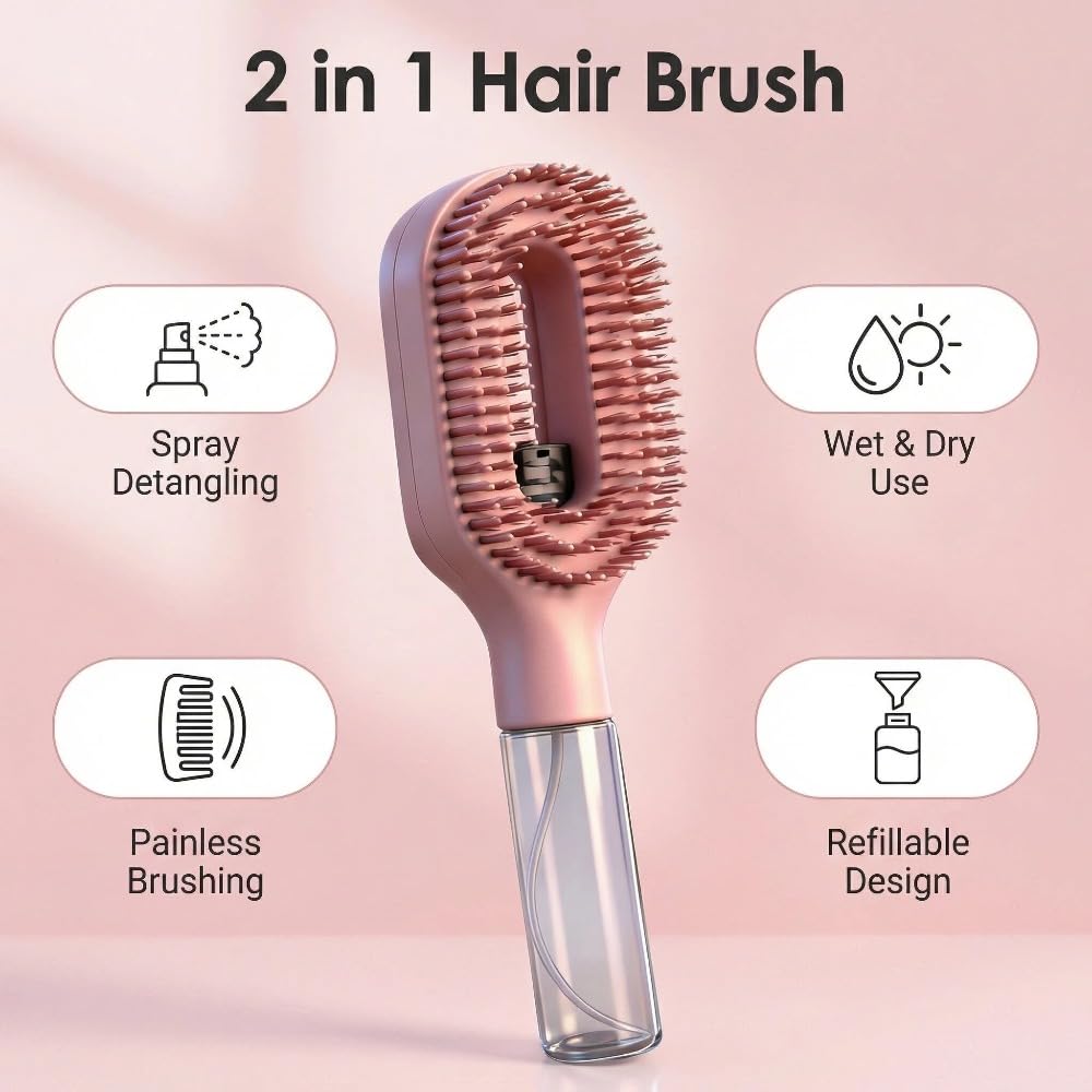 2-in-1 Detangling Brush with Built-In Mist & Wet & Dry, Liquid Spraying Hair Brush | spray brush for hair, Frizz-Free Hair - Quick Refresh for Women & Girls On-The-Go (Pink)