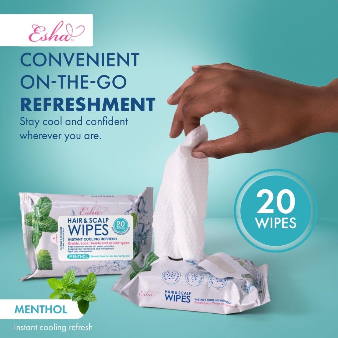 Esha Hair & Scalp Wipes - Instant Cooling Refresh for Braids, Locs & Twists | All Hair Types