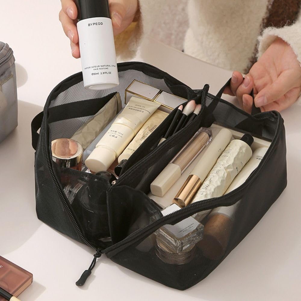 Mesh Cosmetic Bags 1/2/3 Layers Casual Wash Pouch Double-layer Storage Bag Portable Multifunctional(1 Layer Beige)